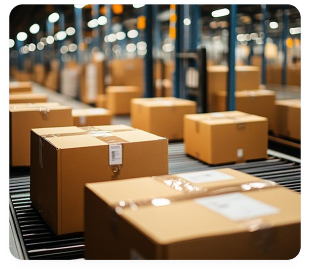Packages moving along a fulfilment conveyor