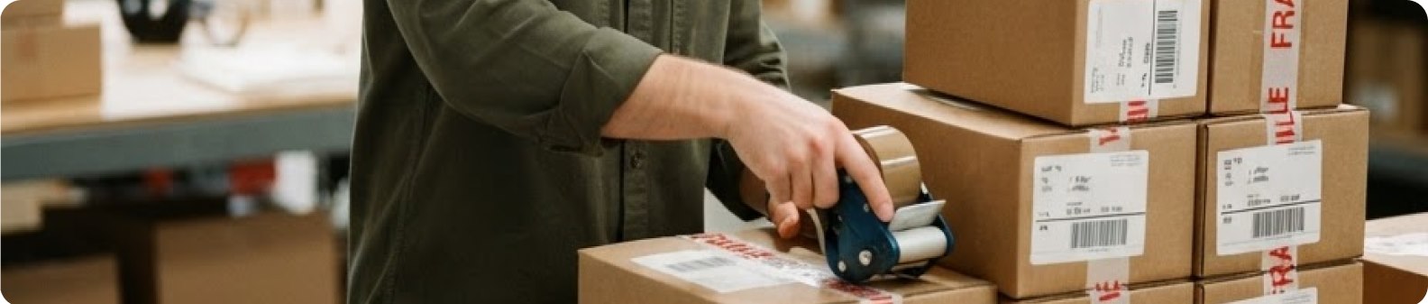 TABYON team member packing and labelling an order
